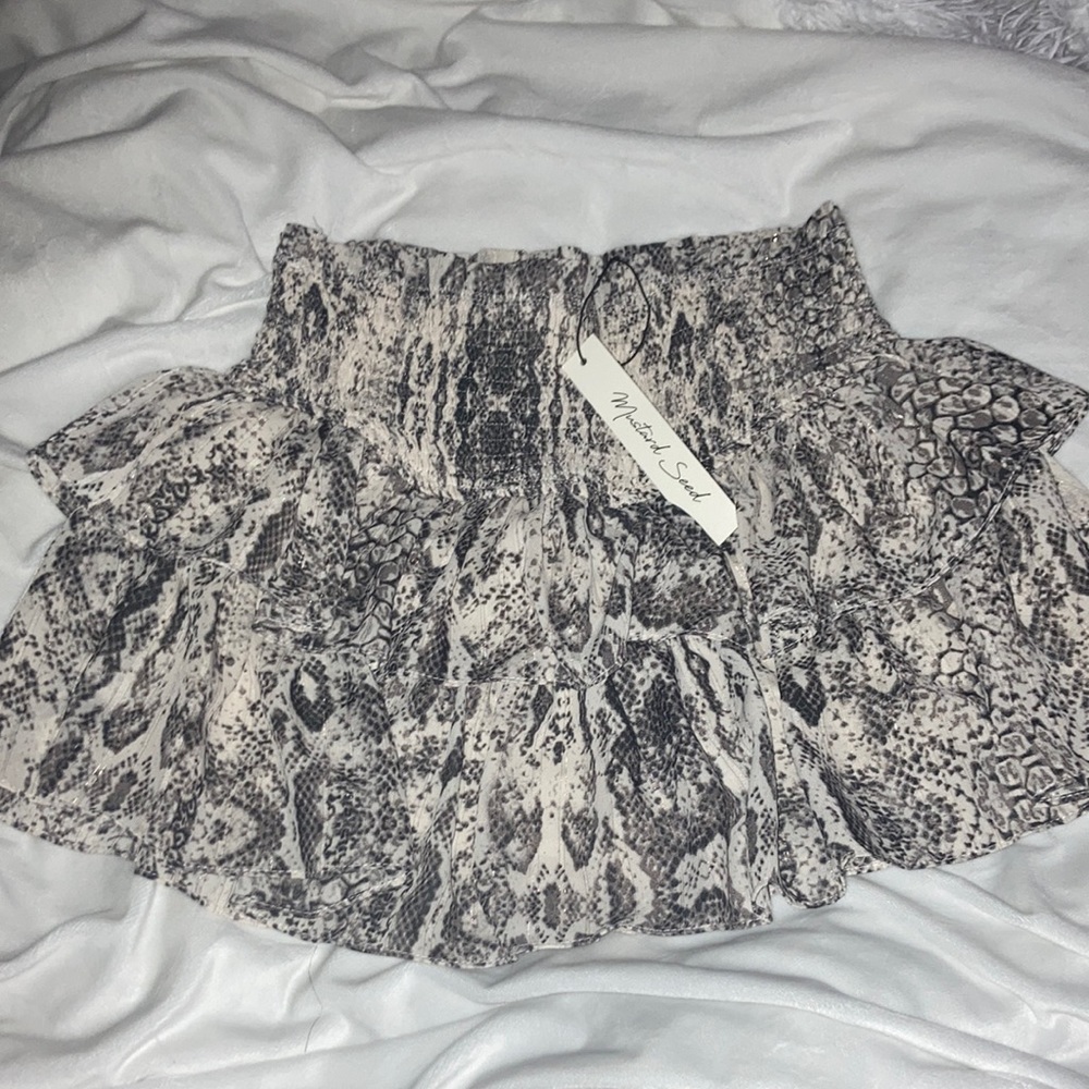 Snake print ruched mini skirt